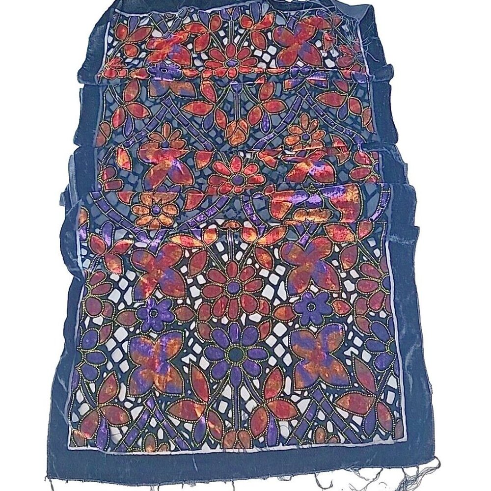VTG Burntout Velvet 3D Flower  Fringed Rectangle Scarf - Made Puerto Rico